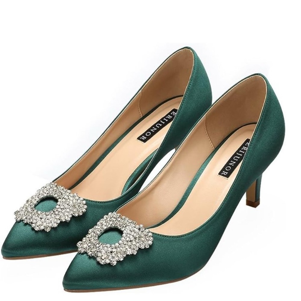 Amazon Green Satin Heels with Crystal Detail